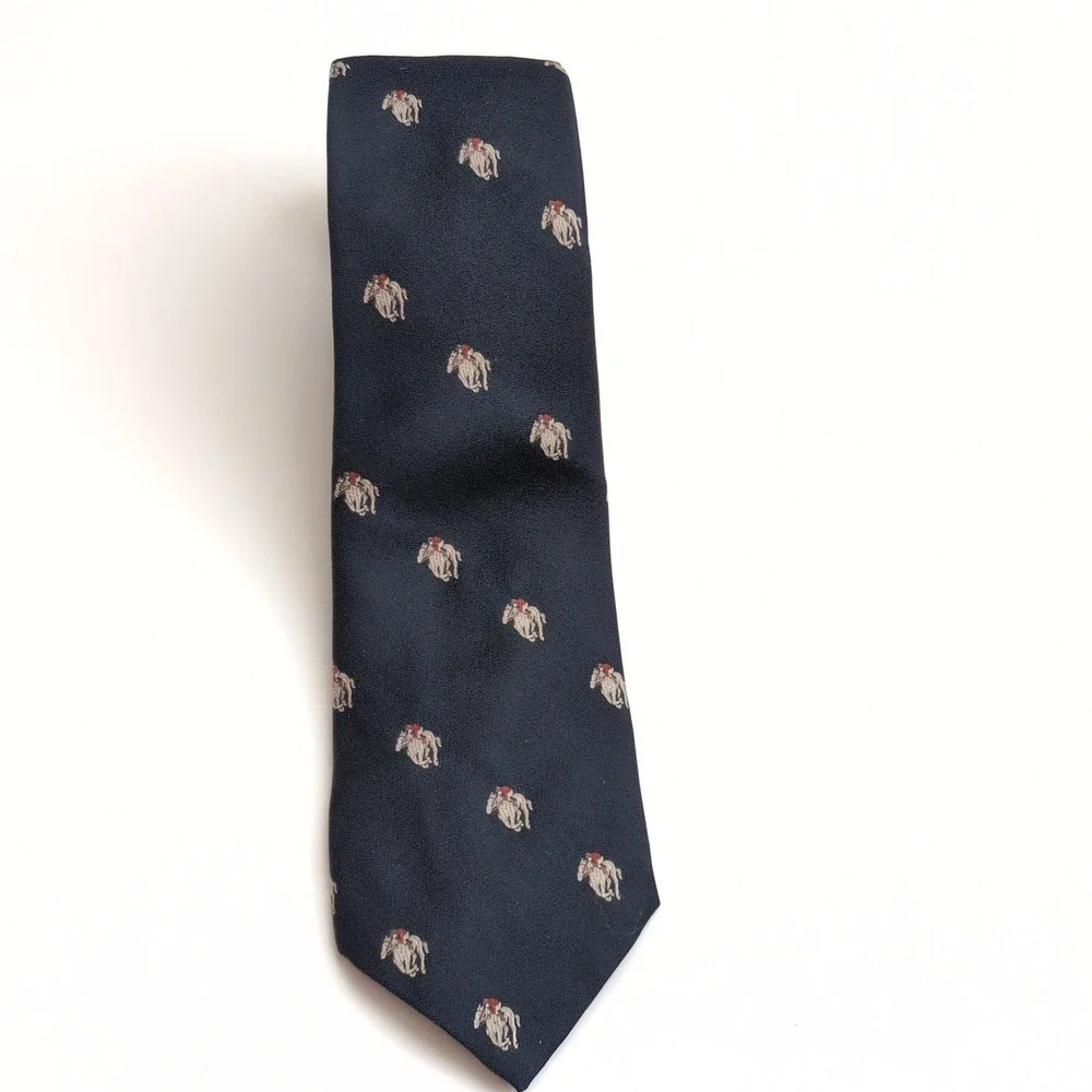 Vtg Horse & Rider Racing Neck Tie Navy Blue Equestrian Gallery Collection